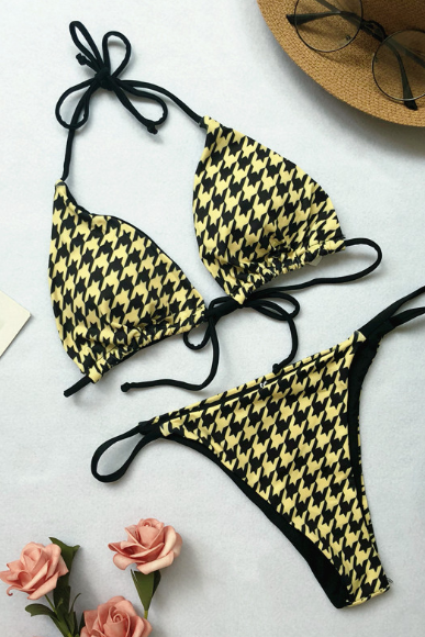 Multicolored Print Style Tiled Plaid Swimsuit Pearly Leopard Print Bikini