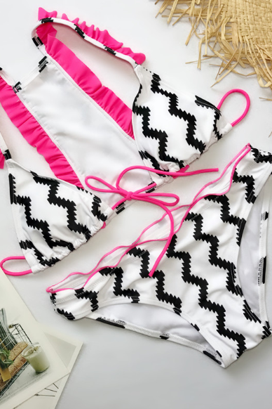 Striped-split Swimsuit Ladies&amp;#039; Sexy Lace Bikini Print Ruffled Edge Swimsuit