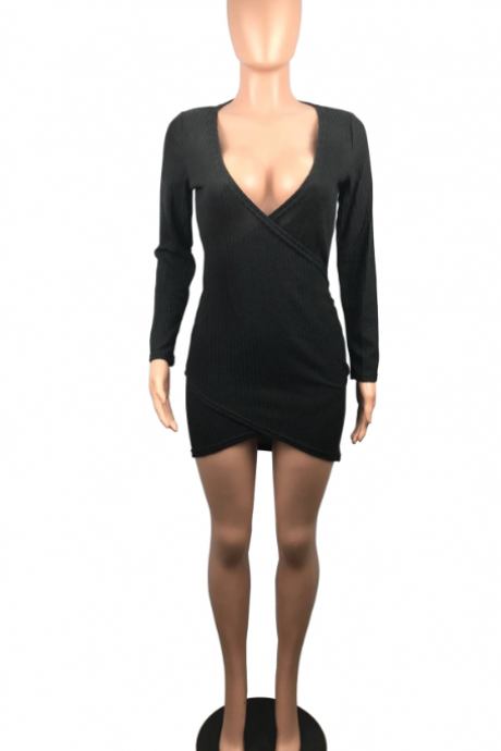 Fall and winter new sexy cross V neck knit crate dress