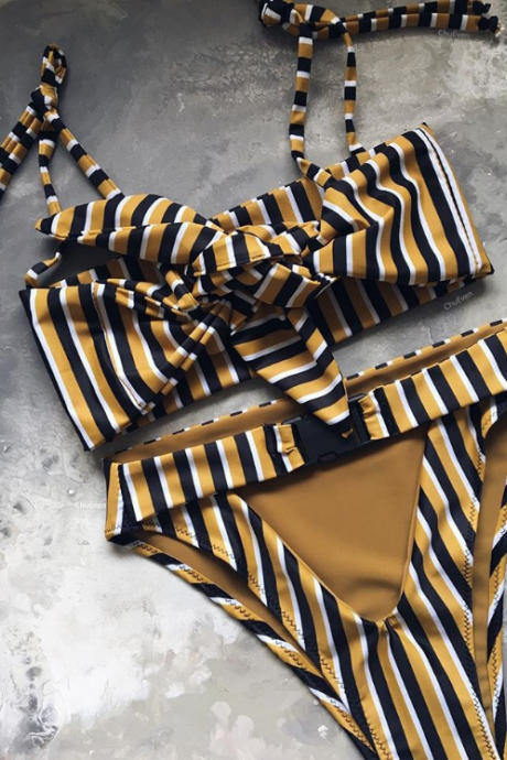 Hot style bikini sexy stripe high-waisted split swimsuit