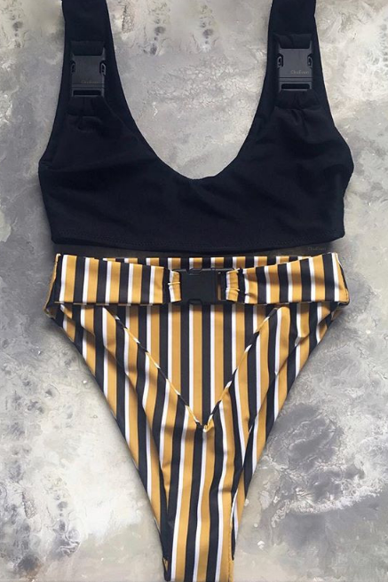 Hot style bikini sexy stripe high-waisted split swimsuit