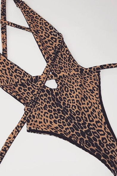 New women's bikini leopard print hollow lace banding swimsuit