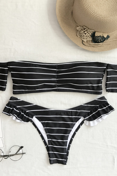 Women's Striped Bikini Style Split Swimsuit With Cuff Hem