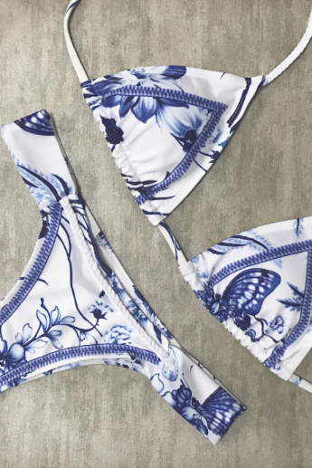 Printed with blue and white porcelain bikini women's sexy swimsuit fission