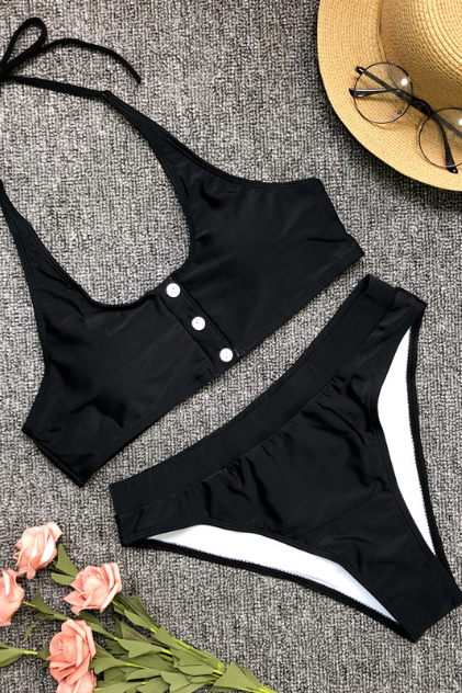 Pure color high-waisted bikini new button swimsuit beach bathing suit