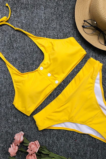 Pure Color High-waisted Bikini Button Swimsuit Beach Bathing Suit