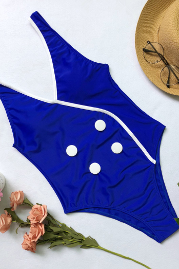 Sexy Conjoined Button Swimsuit Bikini Pure Color Stitching Edge Swimsuit