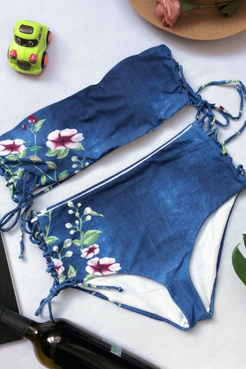 The Tall Waist Printing Bikini Bind Up Chest Swimwear Swimsuit