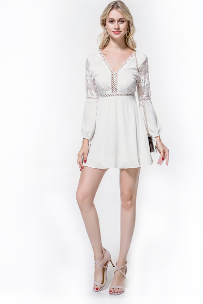Summer V-neck Lace Crochet Hollow Lace Chiffon Dress