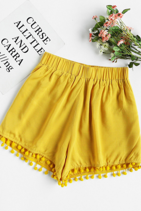 Casual Straight Trousers Cotton Stitching Elastic Waist Fringed Shorts Women