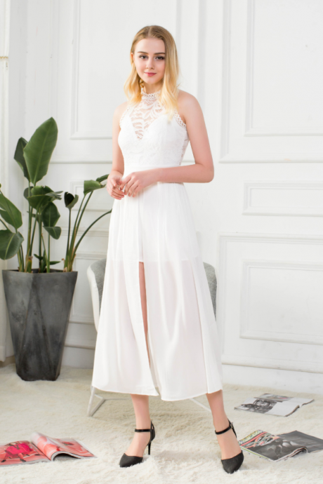 The Sheer Lace Dress Features A Slim, Sleeveless, Sexy Pant Skirt With A High Waist