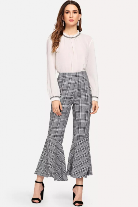New style retro plaid casual pants show thin flared trousers