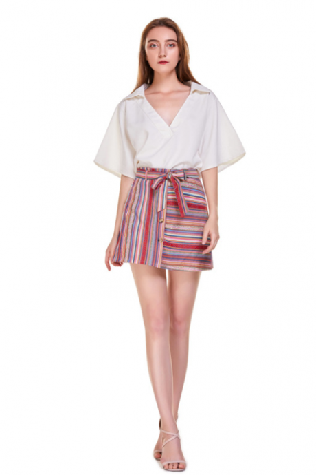 High-waisted a-line skirt with cotton and hemp horizontal and vertical stripes