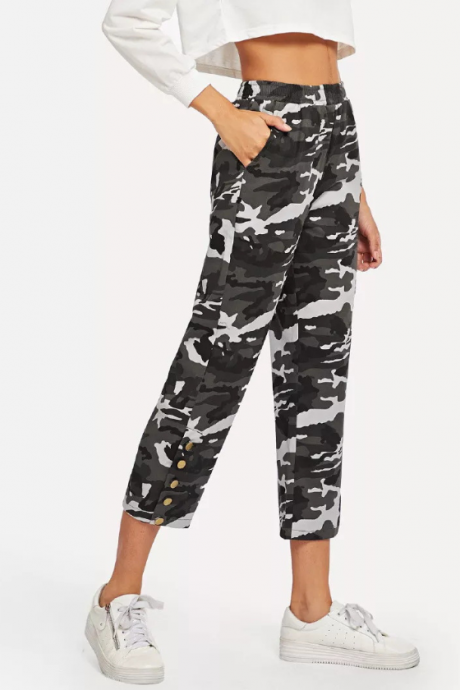 New camouflage lady straight trousers slim waist elastic casual seven - point pants