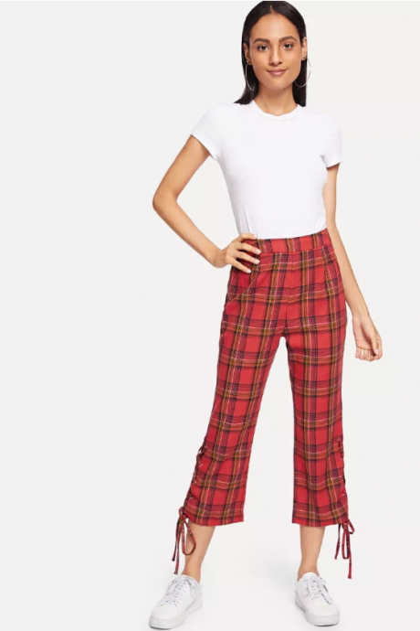 New style retro loose plaid casual horn pants
