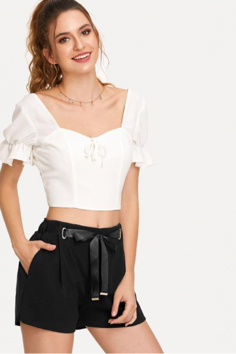 New wide leg trousers go well with loose elastic waist to show slim high waist bow-tie casual shorts