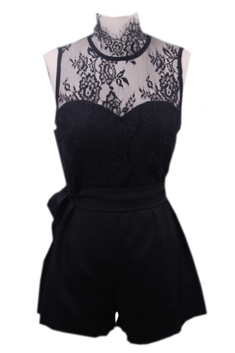 Women's Jumpsuit With Lace Mesh Cutout And Solid Color Sleeveless Jumpsuit