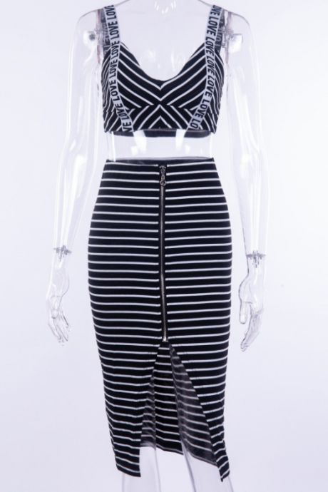 Style Sexy Striped Vest Love Ribbon Slit Zip Skirt Set