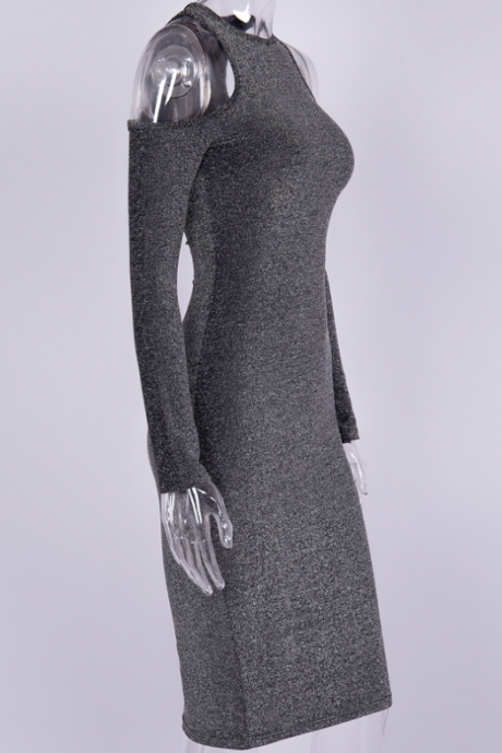 Style Buttock Wrap Dress Silver Fillet Shoulder Long Sleeve Midi Dress Plastic Nightclub Dress