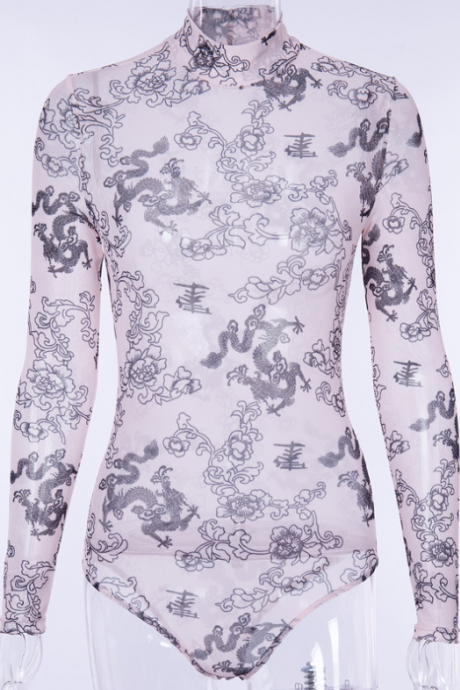 Long sleeve jumpsuit see-through peony dragon pattern close to skin tone show body temperament leotard unlined upper garment