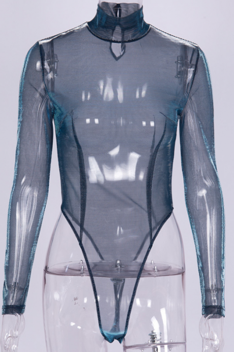Hot style perspective jumpsuit silver blue joker long sleeve shape slim sexy jumpsuit