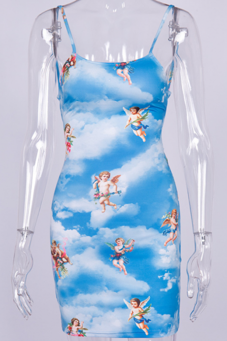 Hot style strappy dress milk silk Cupid pattern backless strappy slim plastic wrap buttock dress