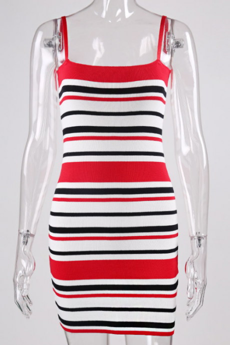 Hot style knit stripe dress women's fashion strap-top wrap skirt