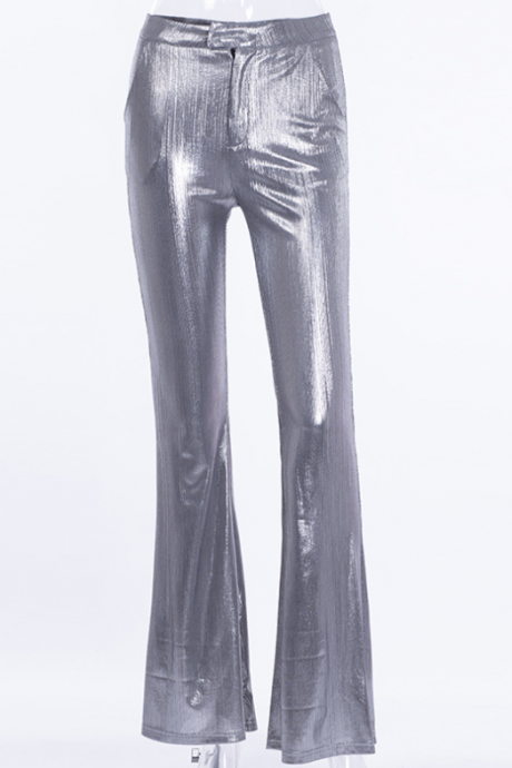 Hot style wide leg pants long pants silver bronzed zipper OL commuting loose high waist casual joker