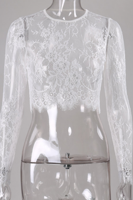 Hot Style Sexy See-through Lace Lace Stitching Loose Solid Color Thin Base Lace Shirt