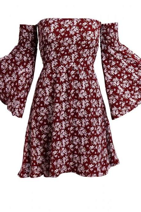 Word Shoulder Horn Sleeve Wrapped Chest Print Dress