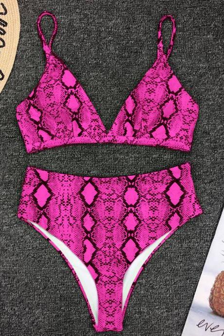 Sexy high-waist bikini 9120 with SNAKE-PRINT leopard print on swimsuit Pink