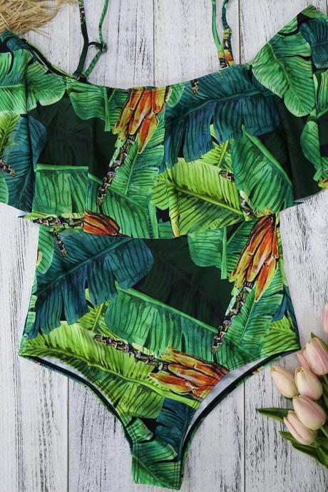 2009 New Shredded Flower Swimsuit Woman Shoulder Lotus Leaf Siamese Xingcheng Swimsuit Explosion Green