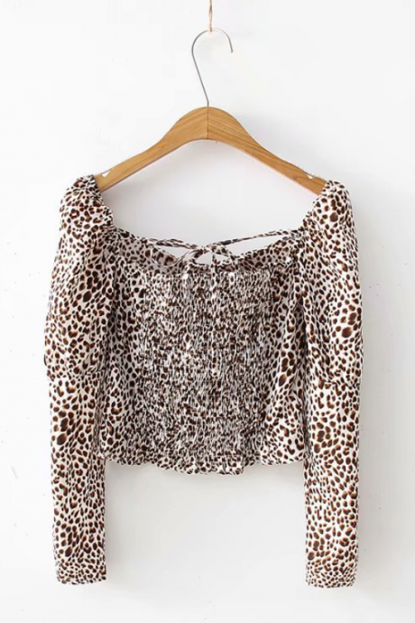 2019 Sexy Tube Top Exposed Navel Short Pleated Elastic Leopard Long-sleeved Shirt Top