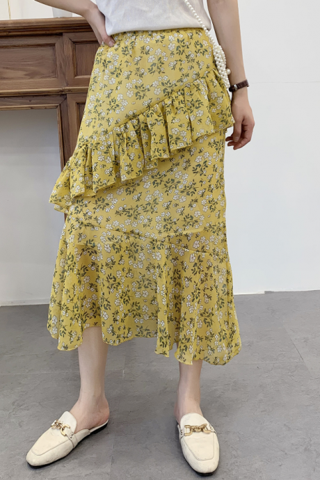 2019 chiffon watermark floral long long irregular skirt