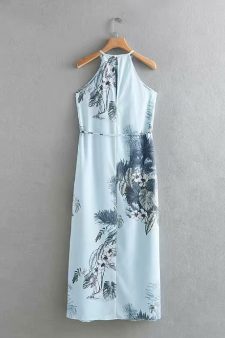 2019 Lace High Waist Printed Slit Skirt Hanging Neck Dress Dress