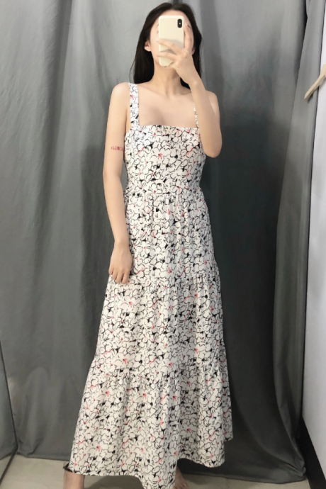 2019 Summer Women's Laminated Decorative Straight Collar Strap Print Dress