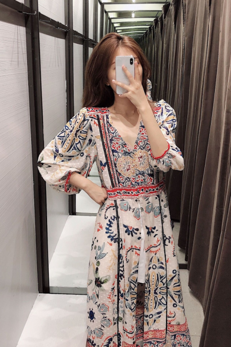 2019 Fashion Trend Printing Slit Long Shirt Dress