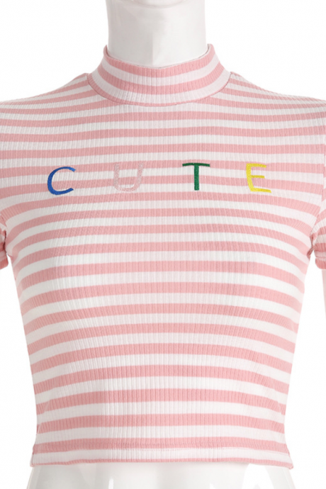 Best Selling Women&amp;#039;s Fresh Pink White Striped Letters Embroidered Navel High Collar Knit T-shirt Women