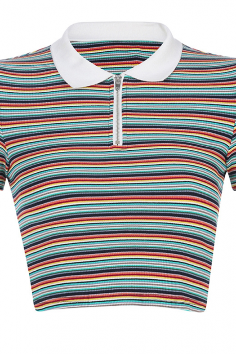 2019 Women&amp;#039;s Shirt Color Zipper Lapel Striped T-shirt Female