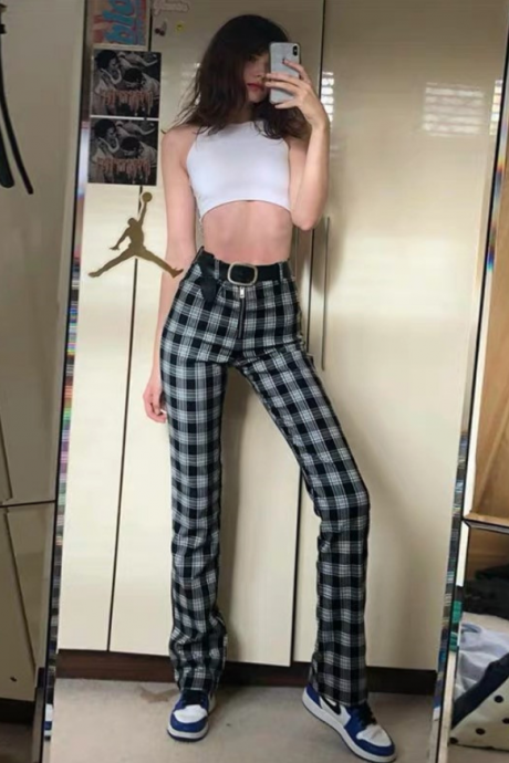 2019 explosion models women's zipper black and white plaid slim casual pants women