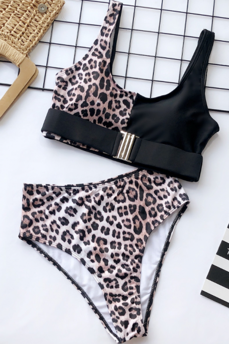 Explosion Models Selling High Waist Leopard Stitching Ladies Swimsuit Split Bikini
