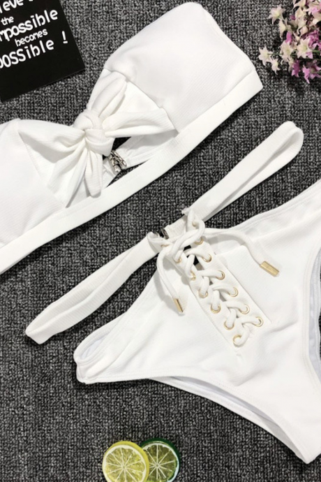 Explosive Models Bikini Ladies Split Swimsuit White Solid Color Bandage