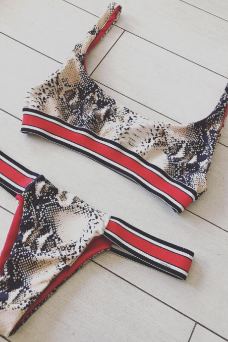 Explosion models ladies split swimsuit strap bikini snake print