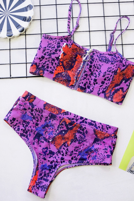 2019 Zipper High Waist Ladies Swimsuit Bikini Purple