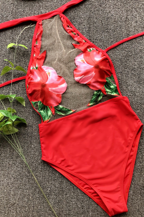 2019 explosion models bikini mesh yarn swimsuit perspective stitching ladies one-piece swimsuit