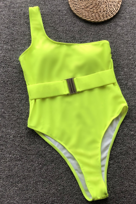 2019 explosion style one-piece swimsuit solid color fluorescent green belt buckle one-piece bikini