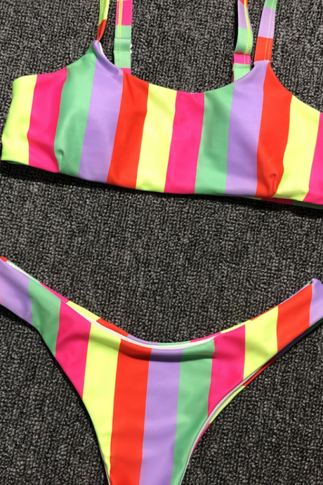 2019 Explosion Models Bikini Stitching Sports Color Striped Sexy Split Swimsuit