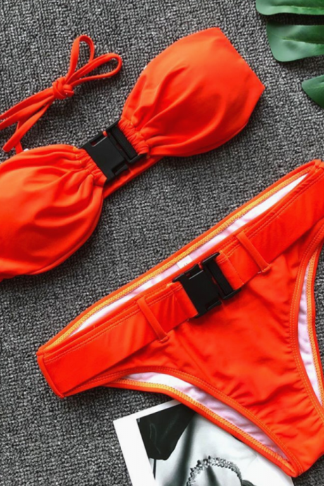 Explosive Bikini Tube Top Buckle Solid Color Ladies Split Swimsuit