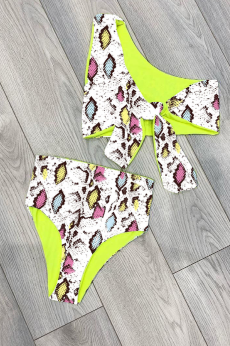 Explosive Ladies Split Swimsuit One Shoulder Print High Waist Double Fabric Bikini