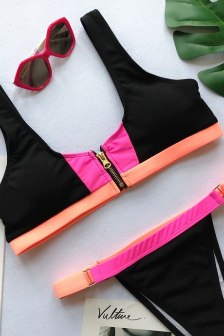 Explosive Swimsuit Zipper Contrast Color Stitching Swimsuit Thread Fabric Bikini